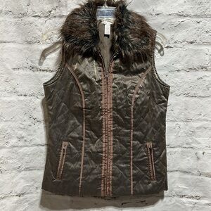 Chico's Bronze Metallic Vest Removable Fur Collar Size 0